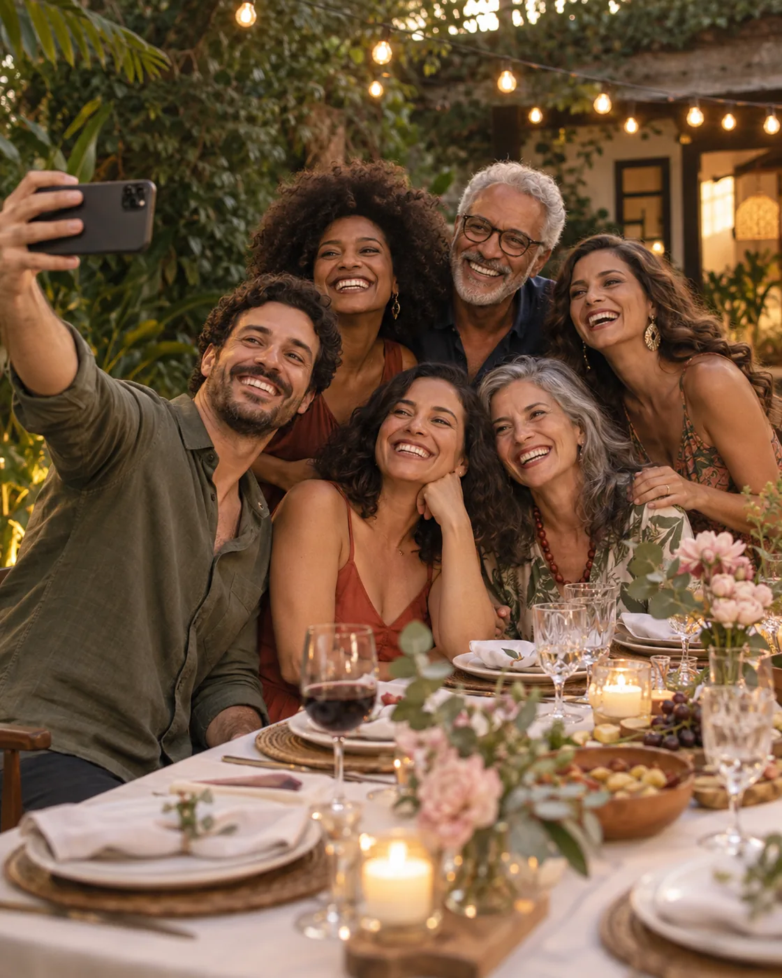 Amigos de diferentes gerações reunidos em uma celebração no jardim