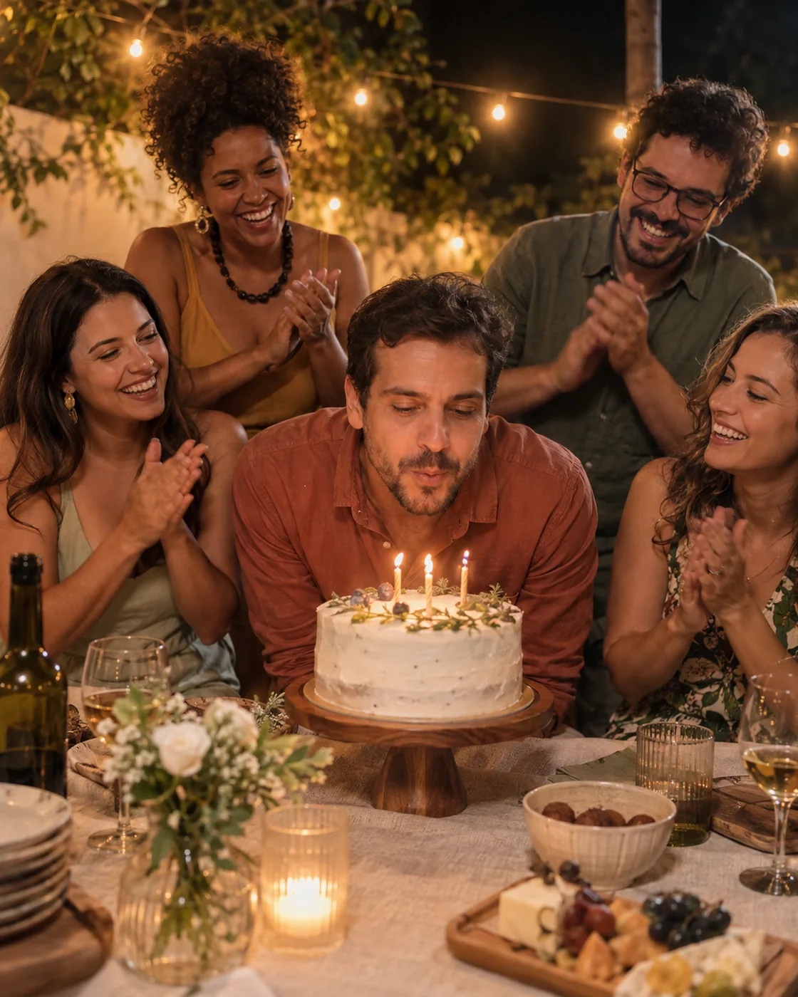 Aniversariante sopra as velas enquanto amigos comemoram ao seu redor