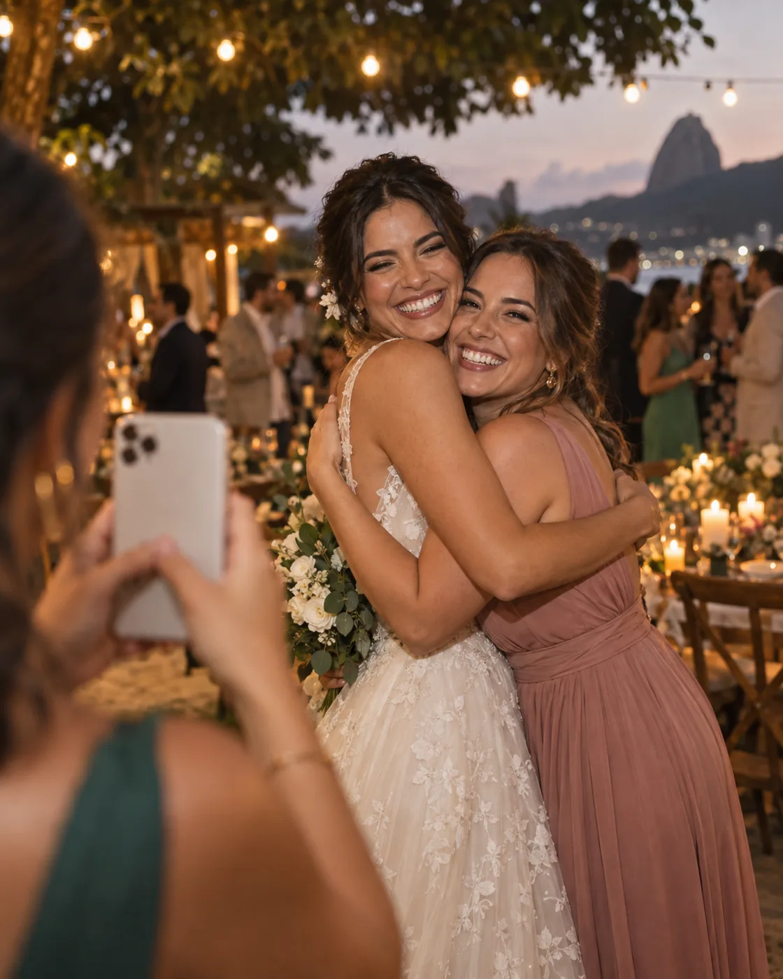 Convidada fotografa um abraço entre a noiva e uma amiga durante a recepção