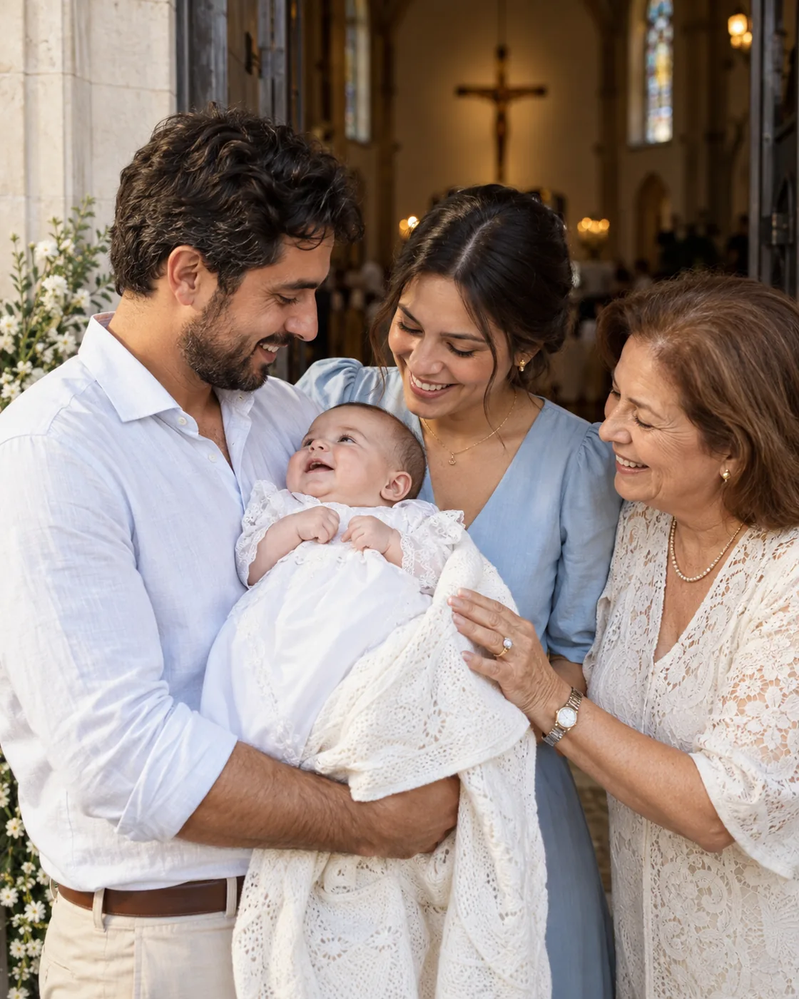 Pais e avó acolhem um bebê vestido para o batizado na saída da igreja