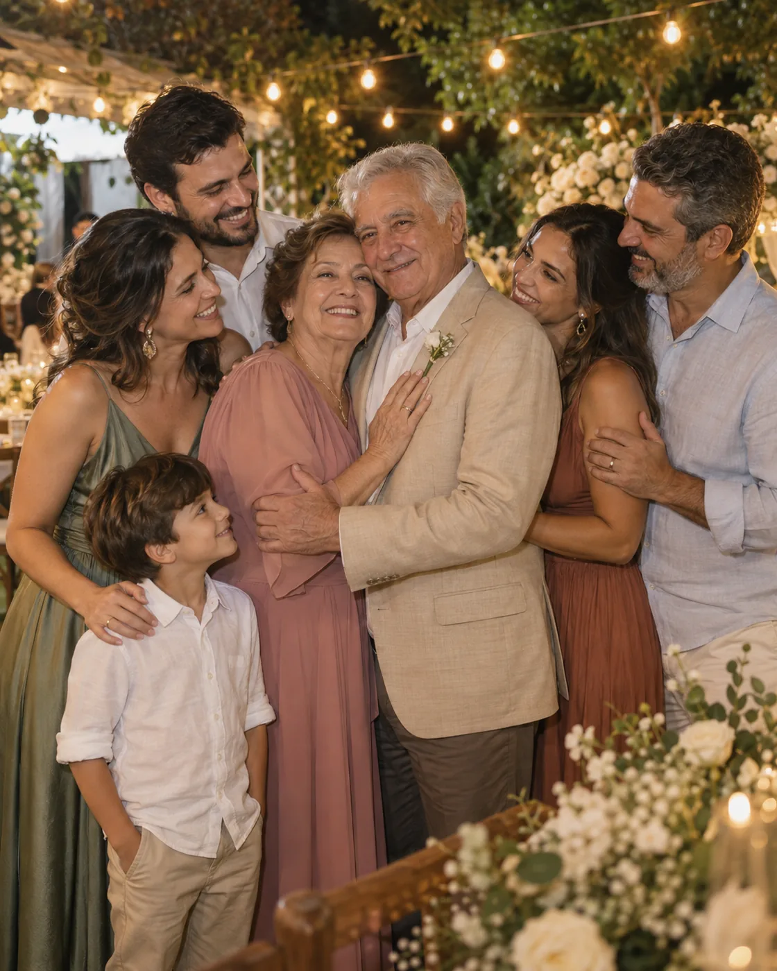 Casal celebra bodas cercado pelos filhos e netos em uma festa familiar