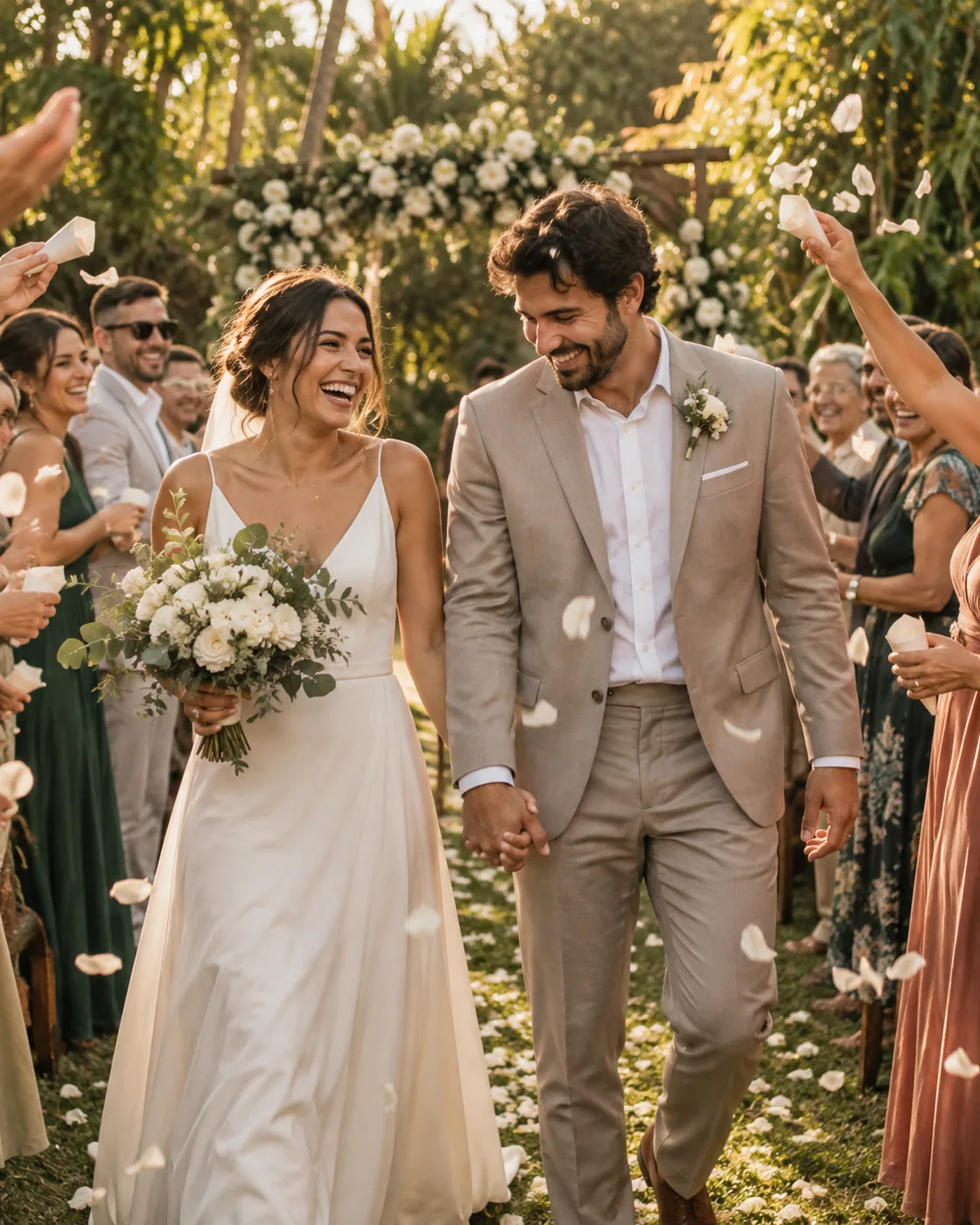 Recém-casados atravessam o jardim sob pétalas lançadas pelos convidados