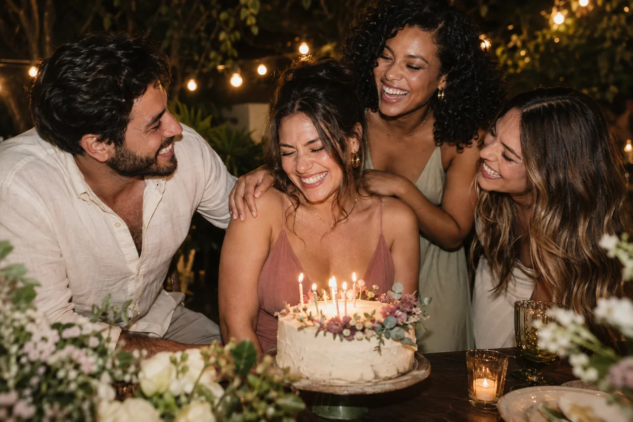 O instante espontâneo de uma aniversariante sorrindo com seus amigos