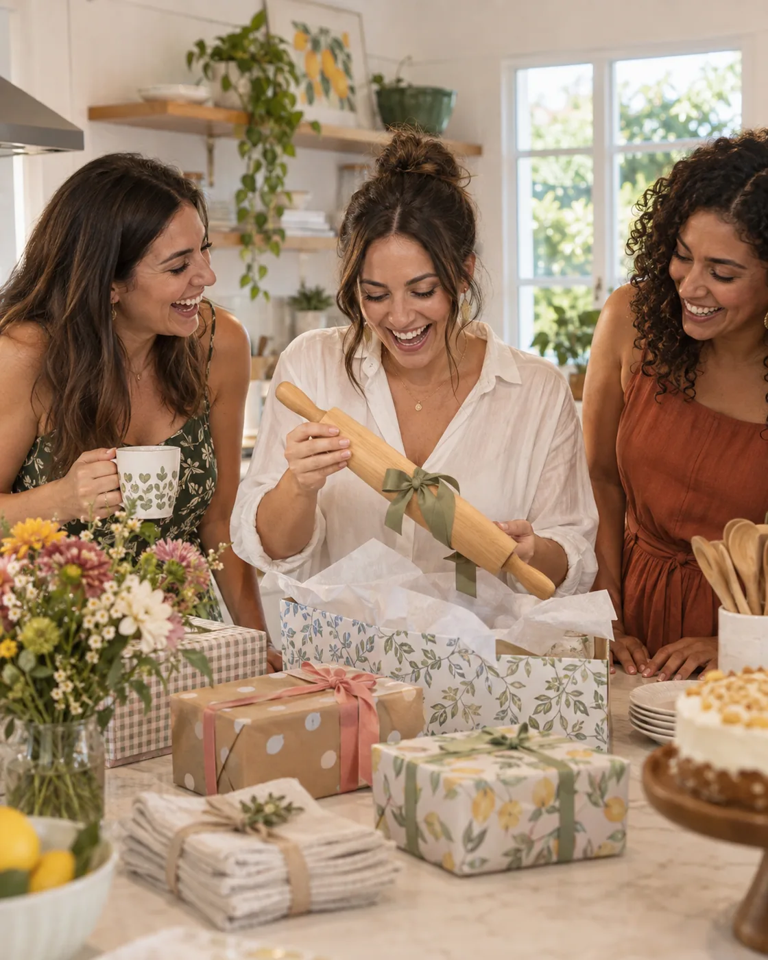 Amigas se divertem abrindo presentes em um chá de panela
