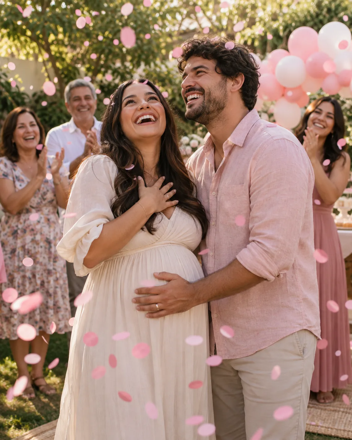 Casal e familiares comemoram uma revelação com confetes de papel rosa