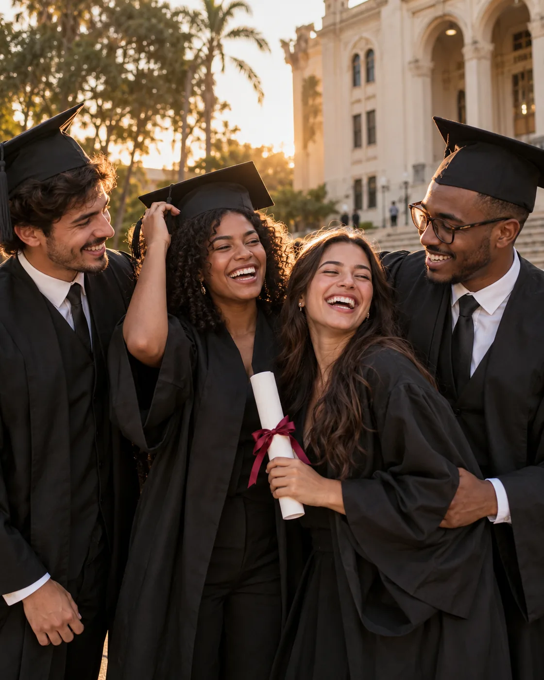 Amigos formandos comemoram juntos com becas e diplomas
