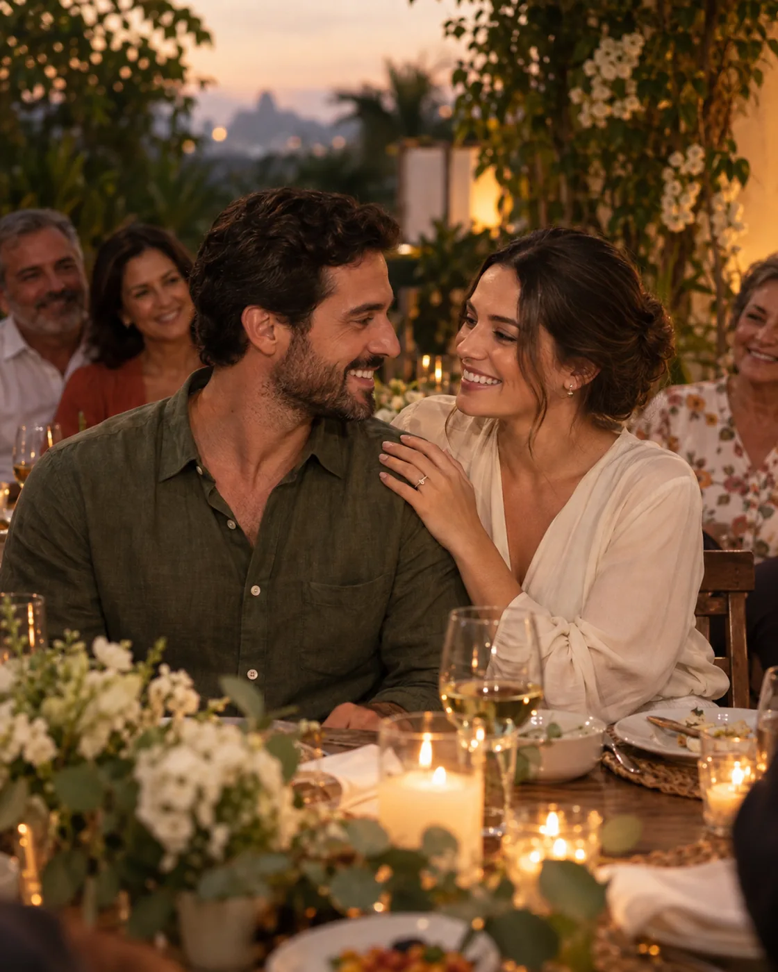Casal recém-noivo celebra com familiares em um jantar intimista