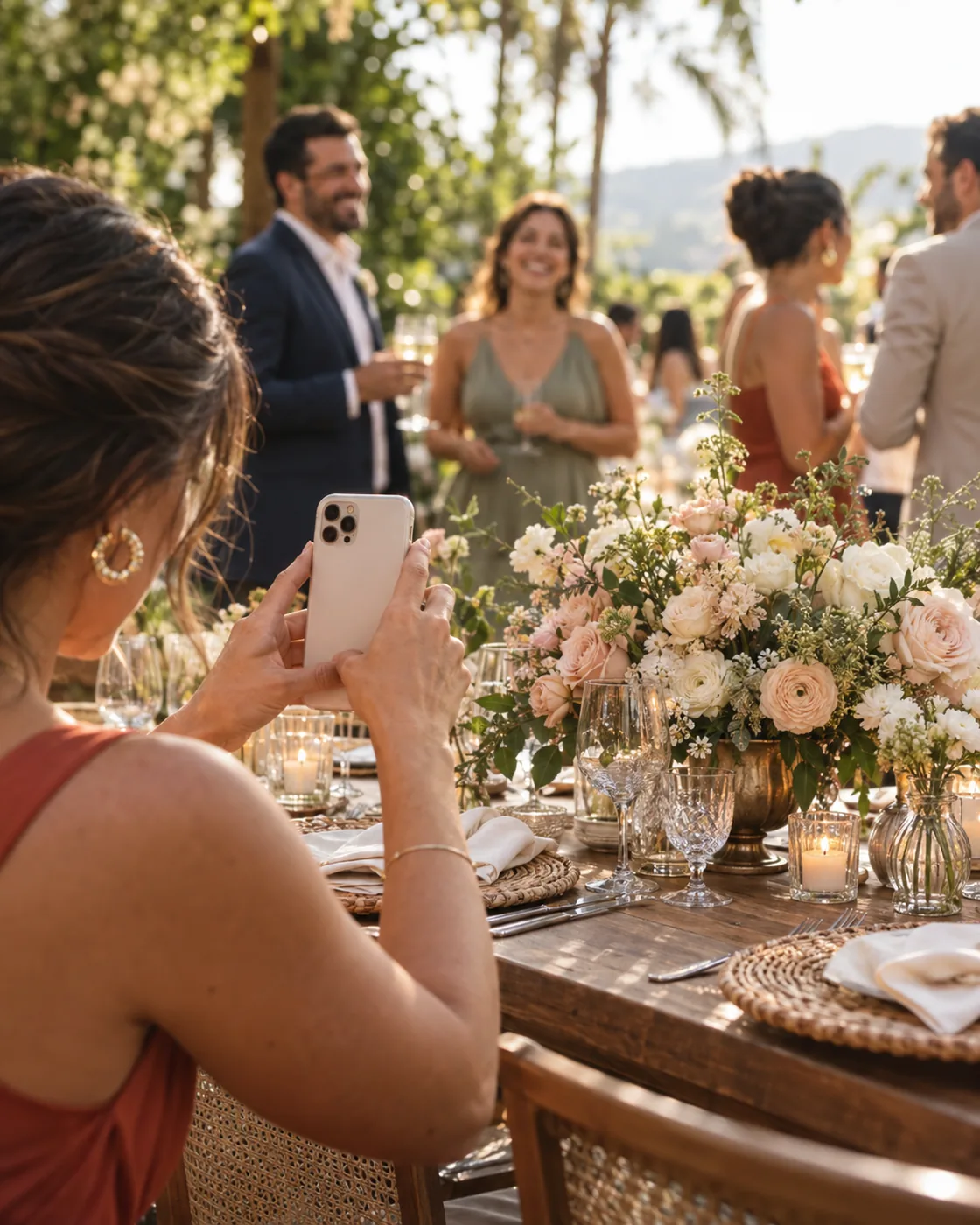 Convidada registra pelo celular os detalhes da mesa de uma celebração