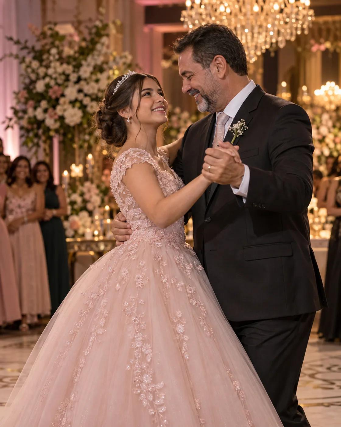 Debutante dança a valsa com o pai em sua festa de 15 anos